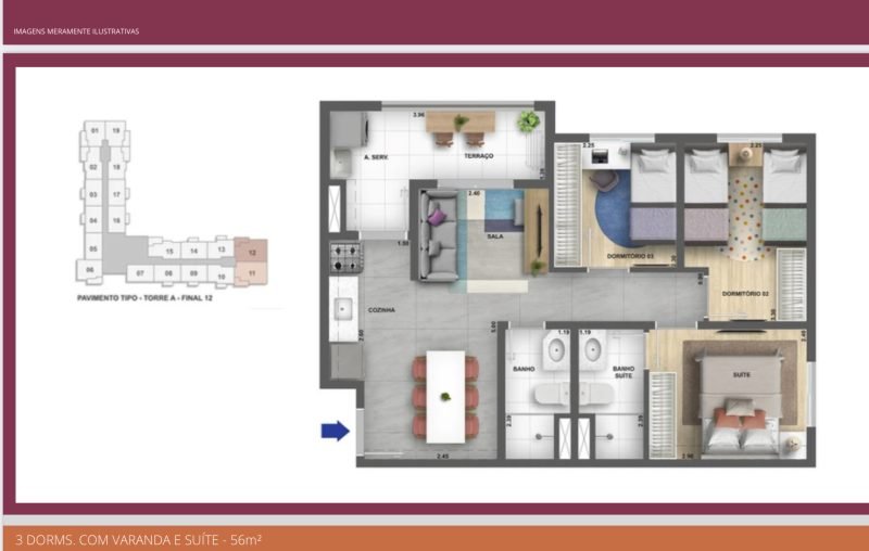 Plantas de 34m a 56m com suíte